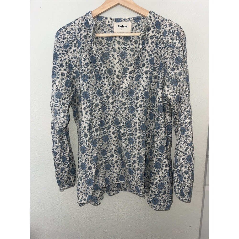 Pietsie Atlin boho blouse top - Womens size L 100% Cotton Blue Floral $269 RTL
